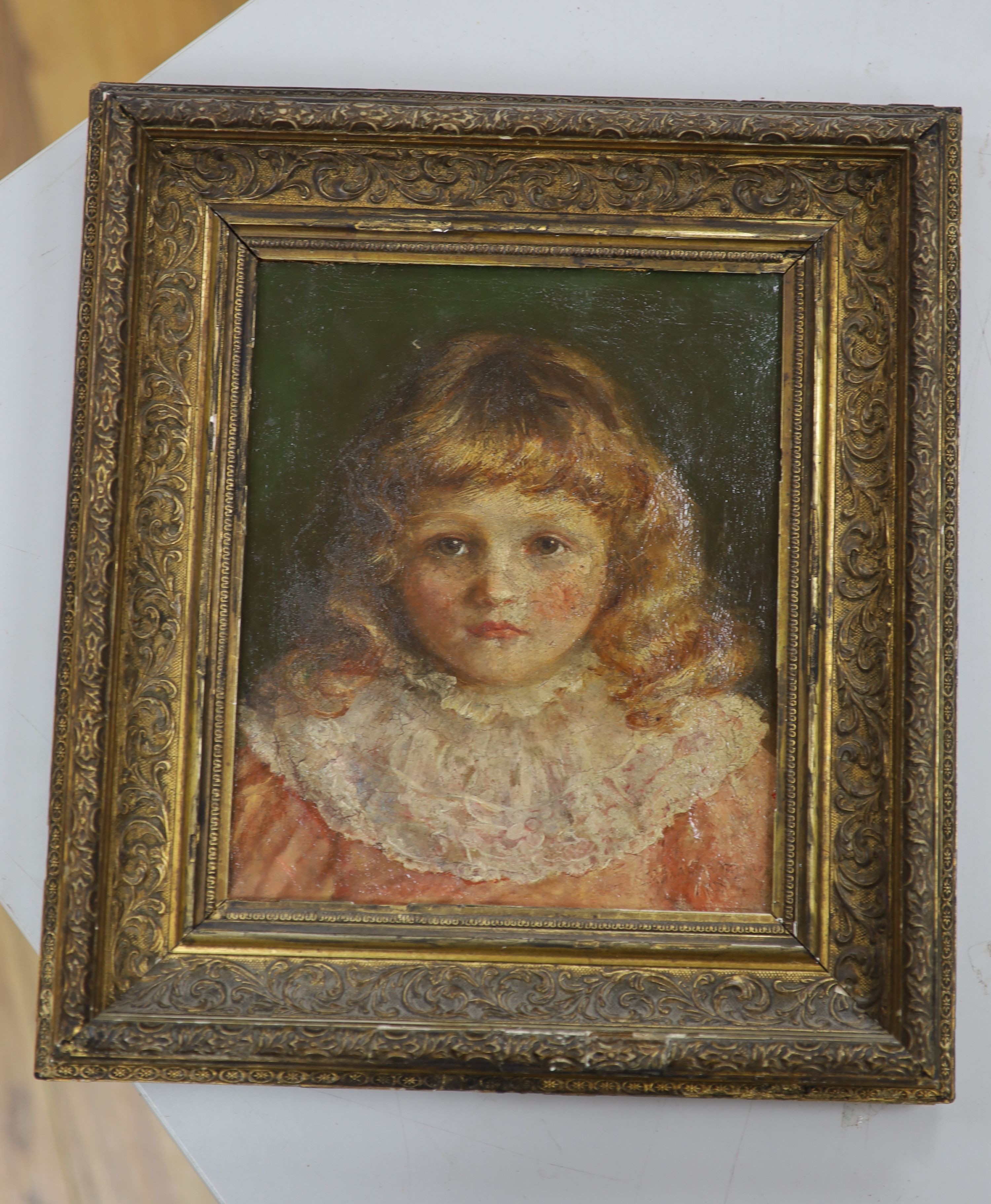 English School c.1890, oil on canvas, Portrait of a child, indistinctly signed, 25 x 21cm